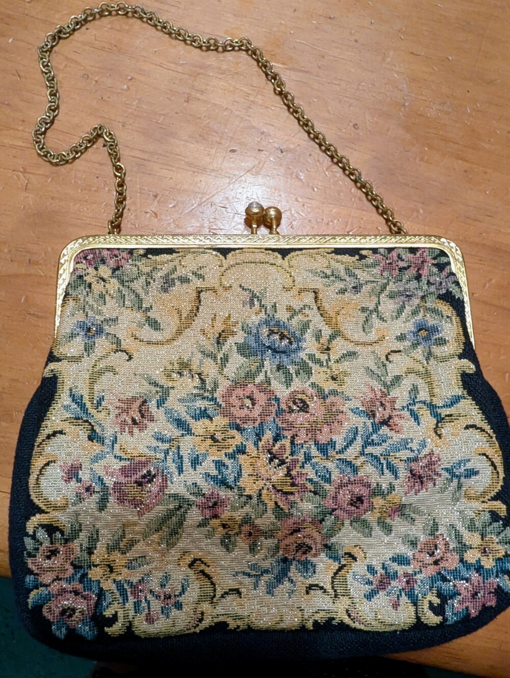 Small Vintage Floral Tapestry Evening Bag with Gold Chain And Kiss Lock Closure